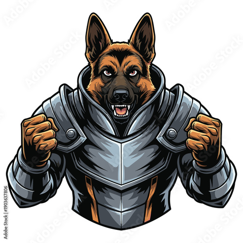 A fierce German shepherd character wearing medieval knight armor, ready for battle