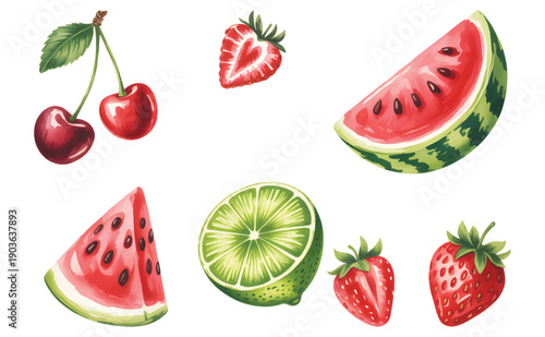 Fresh watermelon, strawberry, cherry, and citrus fruits collection. Juicy seasonal fruits illustrated in soft watercolor tones.
