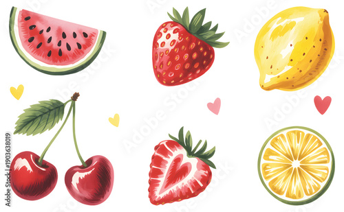 Fresh watermelon, strawberry, cherry, and citrus fruits collection. Juicy seasonal fruits illustrated in soft watercolor tones.