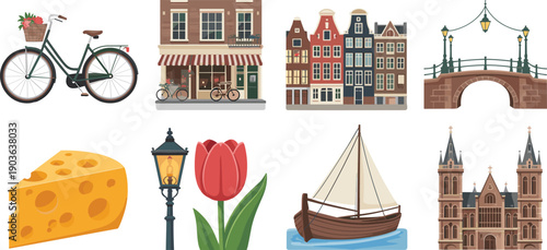 European city icon set illustration, bicycle buildings bridge cheese tulip boat landmarks, colorful flat travel culture elements isolated