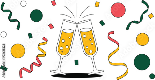 Celebration Toast with Two Champagne Flutes Clinking Surrounded by Colorful Confetti and Streamers on Black Background, Festive Holiday Event Vector Graphic