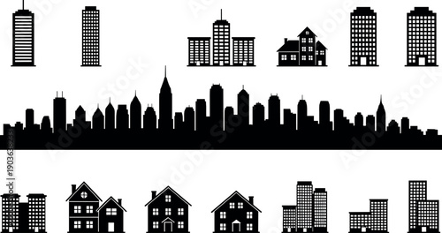 Black silhouette city skyline and building icons set with skyscrapers, houses, apartments and urban architecture