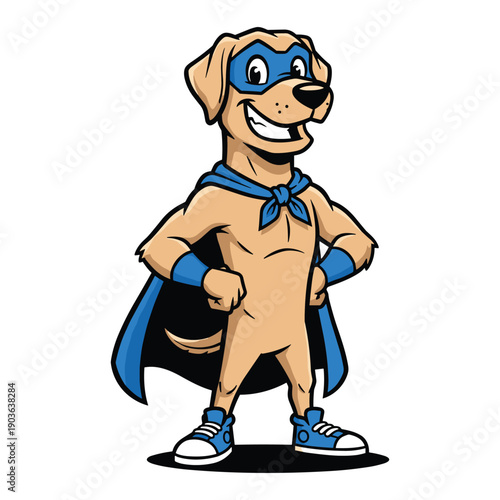 Superhero dog wearing cape and mask ready for action, funny cartoon character