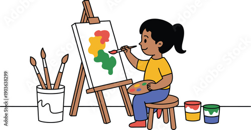 Creative Young Boy Painting on an Easel with Brushes and Palette, Developing Artistic Skills and Enjoying Visual Arts Hobby in a Bright, Engaging Illustration Style.