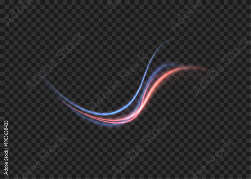 Neon energy wave effect. Blue neon light trails with a wavy glow, isolated on a transparent background. Electric Blue Motion Trails Abstract.