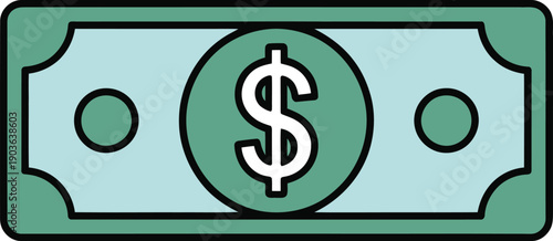 Simple Flat Design Vector Illustration of a US Dollar Banknote with a Prominent Dollar Sign, Representing Money, Currency, and Financial Transactions