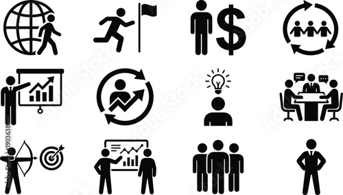 Professional Business Icon Set Featuring Global Strategy, Leadership Development, Financial Growth, Team Collaboration, Creative Idea Generation, Target Marketing Success,