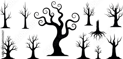 Black silhouette collection of bare winter trees featuring twisted central tree and assorted branch styles for design