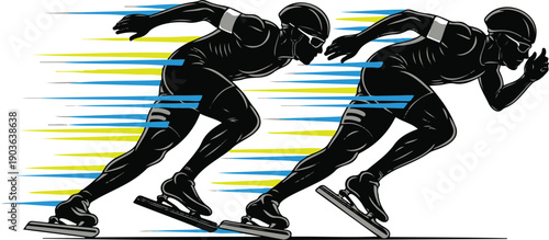 Speed Skaters in Motion, Vector Illustration for Sports or Fitness Poster, Isolated on Transparent Background