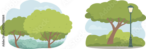 Two Vector Illustrations of Lush Green Trees and Bushes in a Park Setting, One Featuring a Classic Street Lamp, Ideal for Urban Green Space Concepts