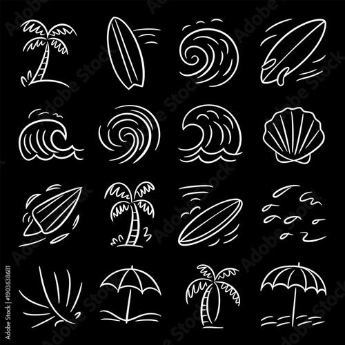 Hand Drawn Summer Beach Icons Set with Waves Surfboard Palm Tree Umbrella, Doodle Line Art for T Shirt and Print