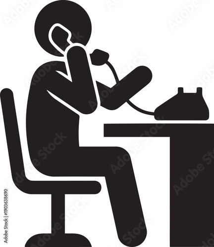 Silhouette of a businessman sitting at a desk with a laptop and drinking coffee in an office workspace