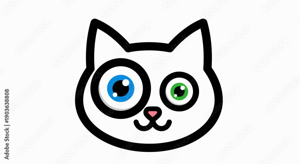 Fototapeta premium Cute Cartoon Cat Head with Heterochromia Eyes, White Feline Face, Funny Character