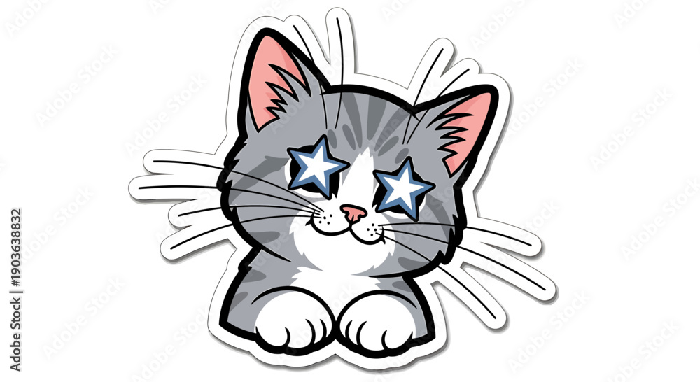 Obraz premium Cute cartoon cat with star eyes, happy expression, sticker style, white background