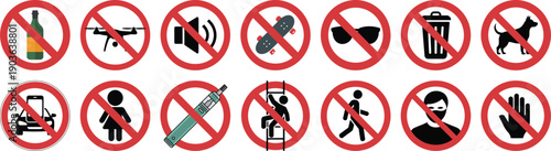 Collection of Prohibition Signs Banning Alcohol, Smoking, Vaping, Skateboarding, and Other Unhealthy or Forbidden Activities, Isolated on Black Background