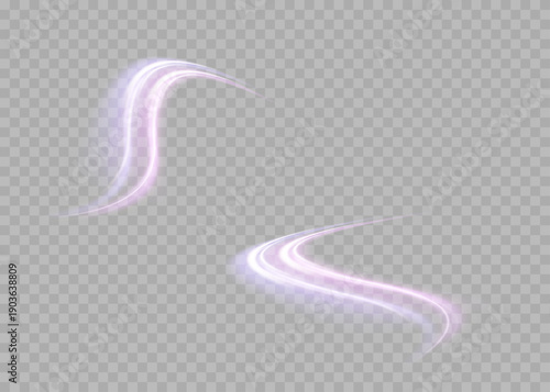 Glowing purple neon light trails isolated on transparent background. Abstract neon light swoosh with soft purple glow and flowing motion.