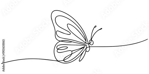 Minimalist continuous line drawing of a butterfly line art, Butterfly drawing with one continuous editable line. Minimalistic linear design of beautiful butterfly for logo, business, social media.