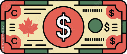 Flat vector illustration of a stylized Canadian Dollar banknote featuring the Maple Leaf symbol, representing finance, currency exchange, and North American economy concept on a black background.