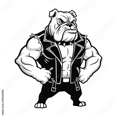 Tough muscular bulldog in leather vest, black and white illustration