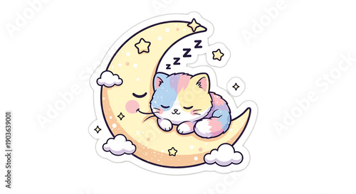 Cute sleeping cat on a crescent moon with stars and clouds, kawaii illustration