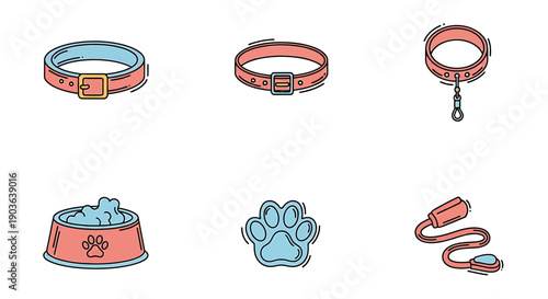 Pet Accessories Collection: Collar, Leash, Bowl, Paw Print - Vector Icons