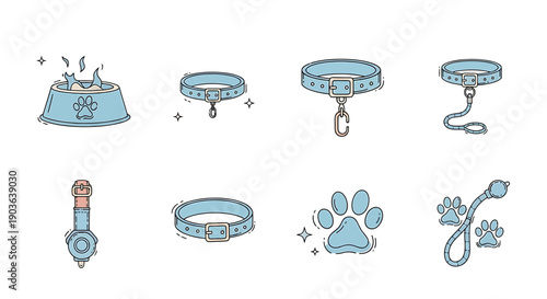 Pet Accessories Collection: Collars, Leash, Bowl, Paw Prints - Cute Icons