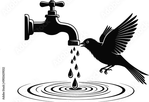 Artistic black and white vector silhouette of a bird drinking from a leaking water tap for environmental conservation and urban nature sustainability concept design.
