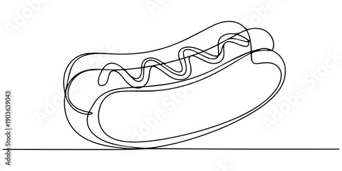 Hot Dog one line continuous. Hot Dog line art. Hand drawn vector art, Continuous one line drawing of a hot dog. Vector illustration of fast food sausage in bun isolated on white background. Minimalist