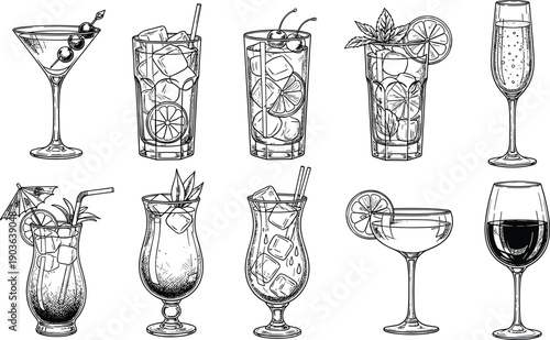 Artistic black and white vector line art set of various alcoholic cocktails and drinks with ice and fruit for bar menu and party design.