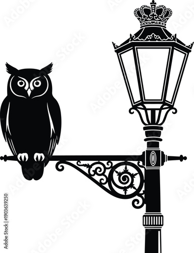 Artistic black and white vector silhouette of a nocturnal owl perched on a vintage Victorian street lamppost for mysterious night city nature design.