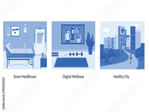 Innovative health concepts integrating smart medical advancements, digital wellness platforms, and active urban planning for comprehensive well-being
