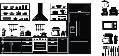 Artistic black and white vector silhouette set of a modern kitchen interior with cabinets, refrigerator, stove, and various household appliances for home interior design.