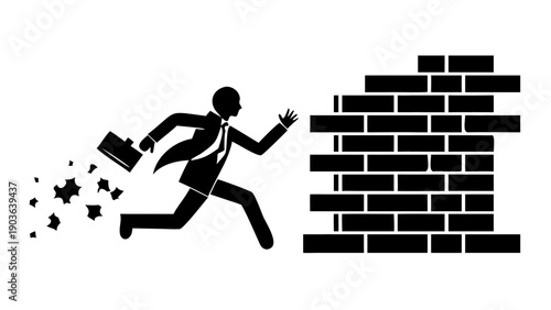 Silhouette of a businessman running and breaking through a brick wall, concept of overcoming obstacles and market disruption.