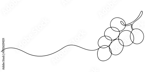 Minimalist line art of grapes on vine with elegant fluid design. Non editable stroke, Continuous one line drawing of a grape bunch with a leaf, perfect for minimalist vineyard branding, wine packaging