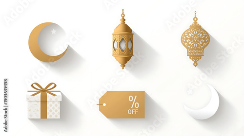 Ramadan icons featuring crescent moons, lanterns, gift boxes, and discount tags, perfect for Eid celebrations and promotions