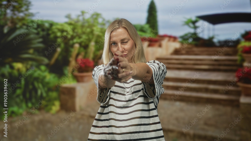 Fototapeta premium Woman pointing hands like finger guns toward camera on studio stairs backdrop wearing striped tshirt and smiling; playful confidence.