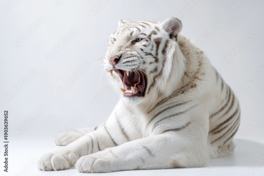 Fototapeta premium A wallpaper background featuring a large white tiger lying down and yawning in a white photography studio setting