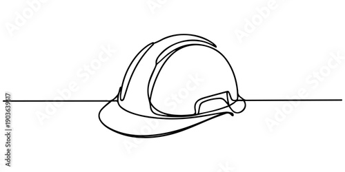 hard hat cap continuous one line drawing, Continuous single line sketch drawing safety helmet hardhat engineer architect head protection. One line art industrial equipment professional work vector