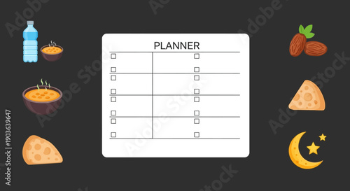 Ramadan planner with traditional food and drinks surrounding it viewed from directly above