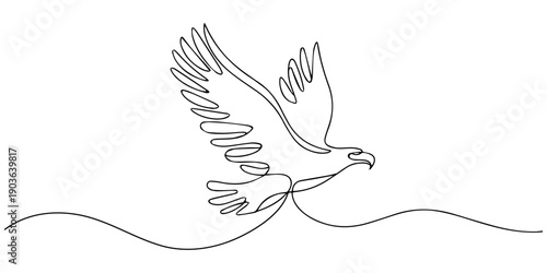 Eagle, One line is a solid bird. Line art, outline, single line silhouette. vector illustration, An eagle soars in the sky with its wings spread wide. A large bird of prey flies in the air.