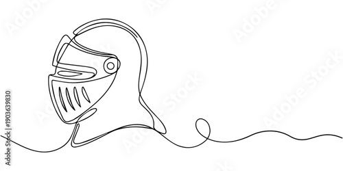 Medieval Knight Helmet continuous one line drawing, Continuous one line drawing of roman warrior helmet mask. One line drawing illustration of knight iron mask. Knight mask concept singe line.