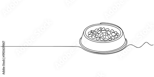 pet food continuous one line drawing, pet bowl full of dry food continuous one line drawing, Full bowl of pet food. Hand drawn doodle. Caring for animals. Feeding cat and dog. Dry or wet. Health care.