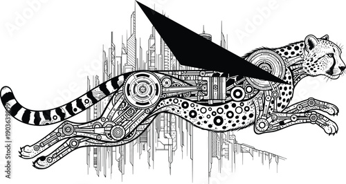 Black and white line art of a cybernetic cheetah running through a futuristic city for cyberpunk technology robotic engineering speed and science fiction concepts,