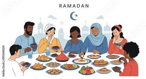 Diverse group of people gathering around a festive table filled with traditional food and drinks to celebrate Ramadan together