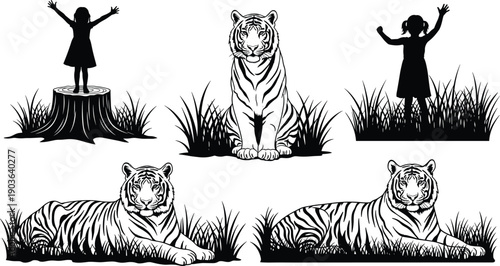 Black and white silhouettes of a tiger sitting and lying in the grass with a young girl celebrating on a tree stump,