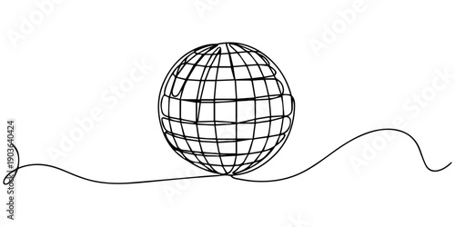 Disco ball light vector illustration. Modern flat in continuous line style, Dynamic one line art rendering of a shining mirrored disco ball accompanied by starry accents and an energetic continuous.