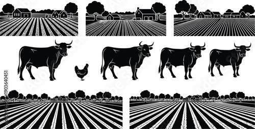 Black and white silhouettes of dairy cows and chickens with rural farm landscapes featuring tilled fields and wooden barns for organic agriculture livestock,
