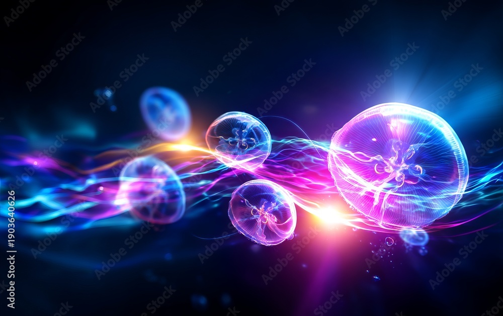 Obraz premium Radiant Marine Creatures Emitting Energy in a Vibrant Underwater Scene
