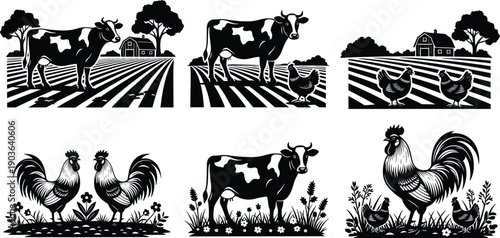 Black and white silhouettes of dairy cows chickens and roosters on a farm with a barn and tilled fields for organic agriculture and livestock,