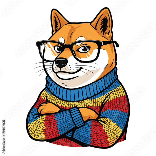 Cartoon shiba inu dog wearing glasses and knitted sweater with arms crossed vector illustration